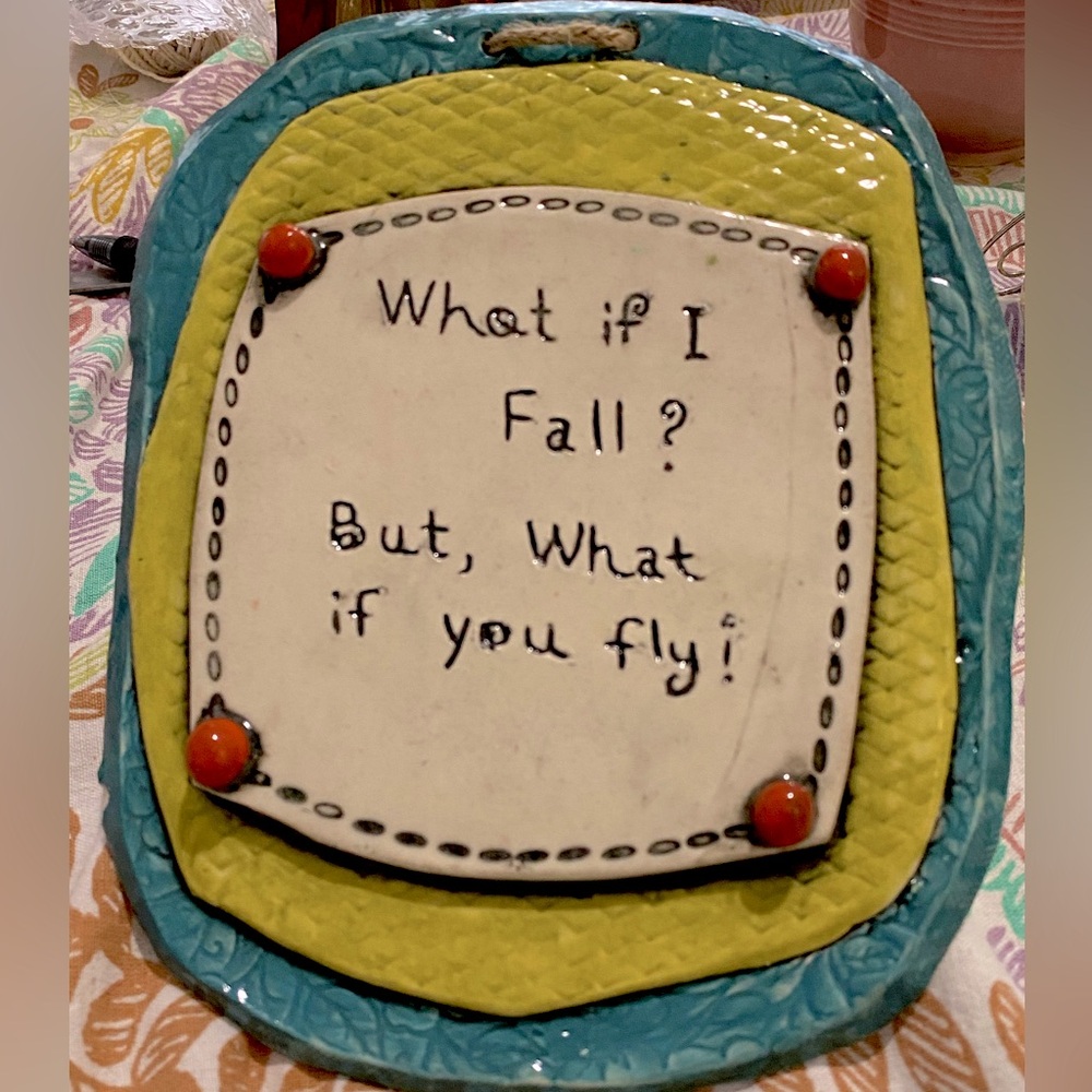 A Hopeful Ceramic Wall Plaque w/Rope. Teal, Chartreuse with Orange Balls@Corners